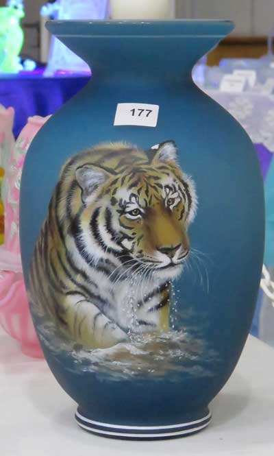 One-of-a-kind vase by CC Hardman tiger on blue vase