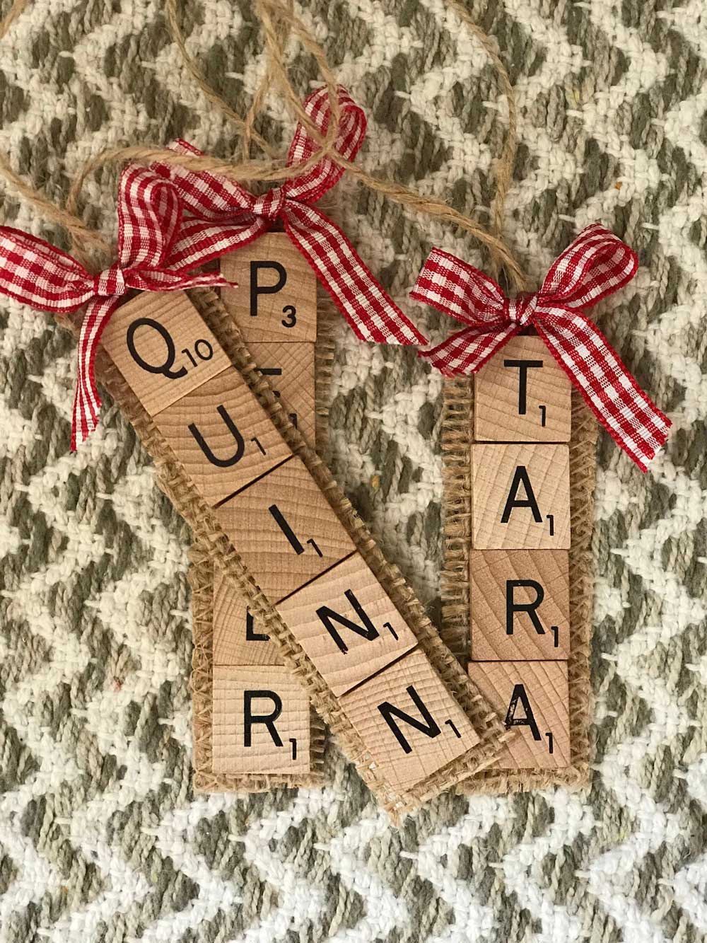 Repurpose scrabble tiles in to packaging nametagss