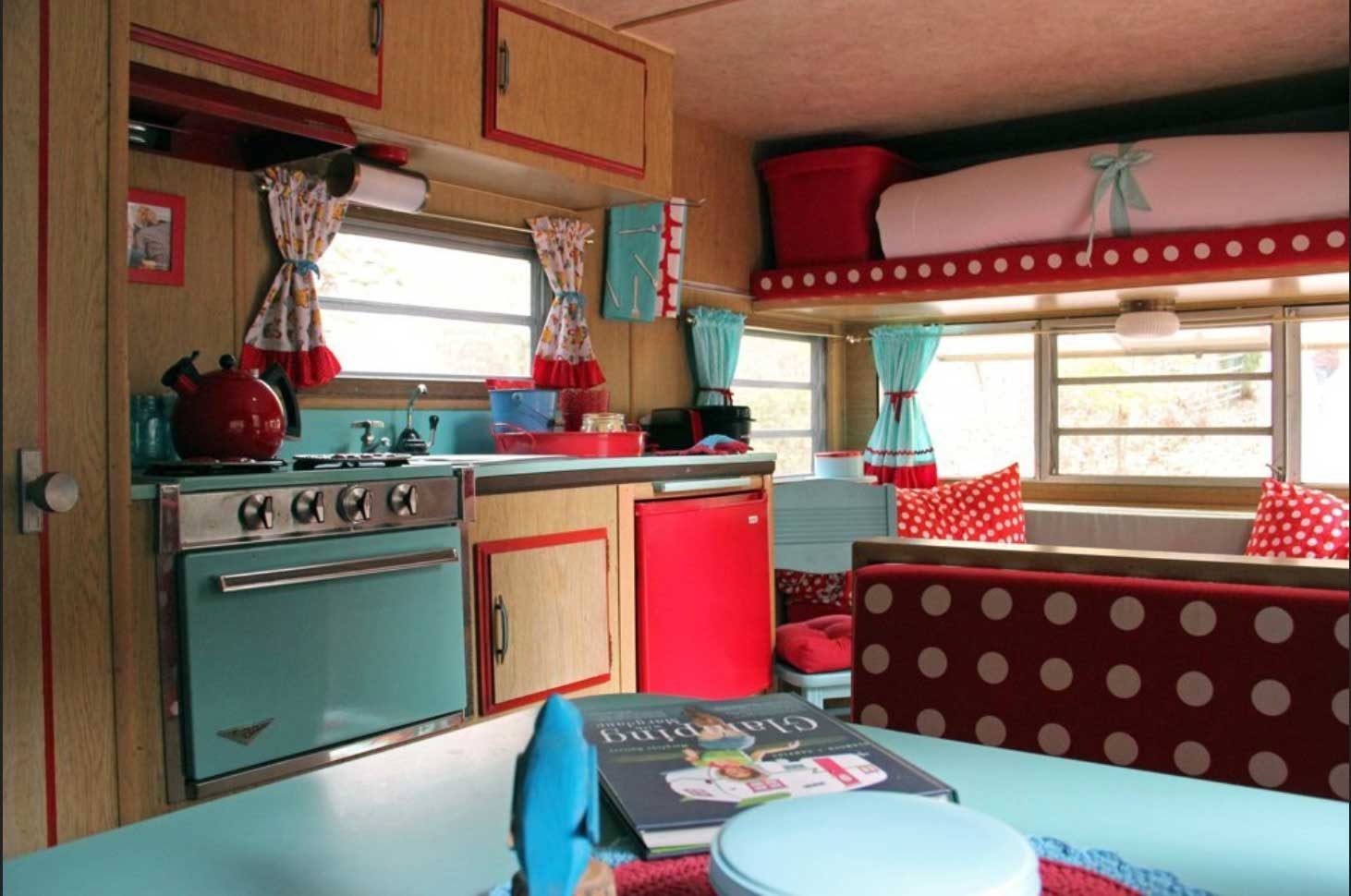 interior of their 1970s camper trailer