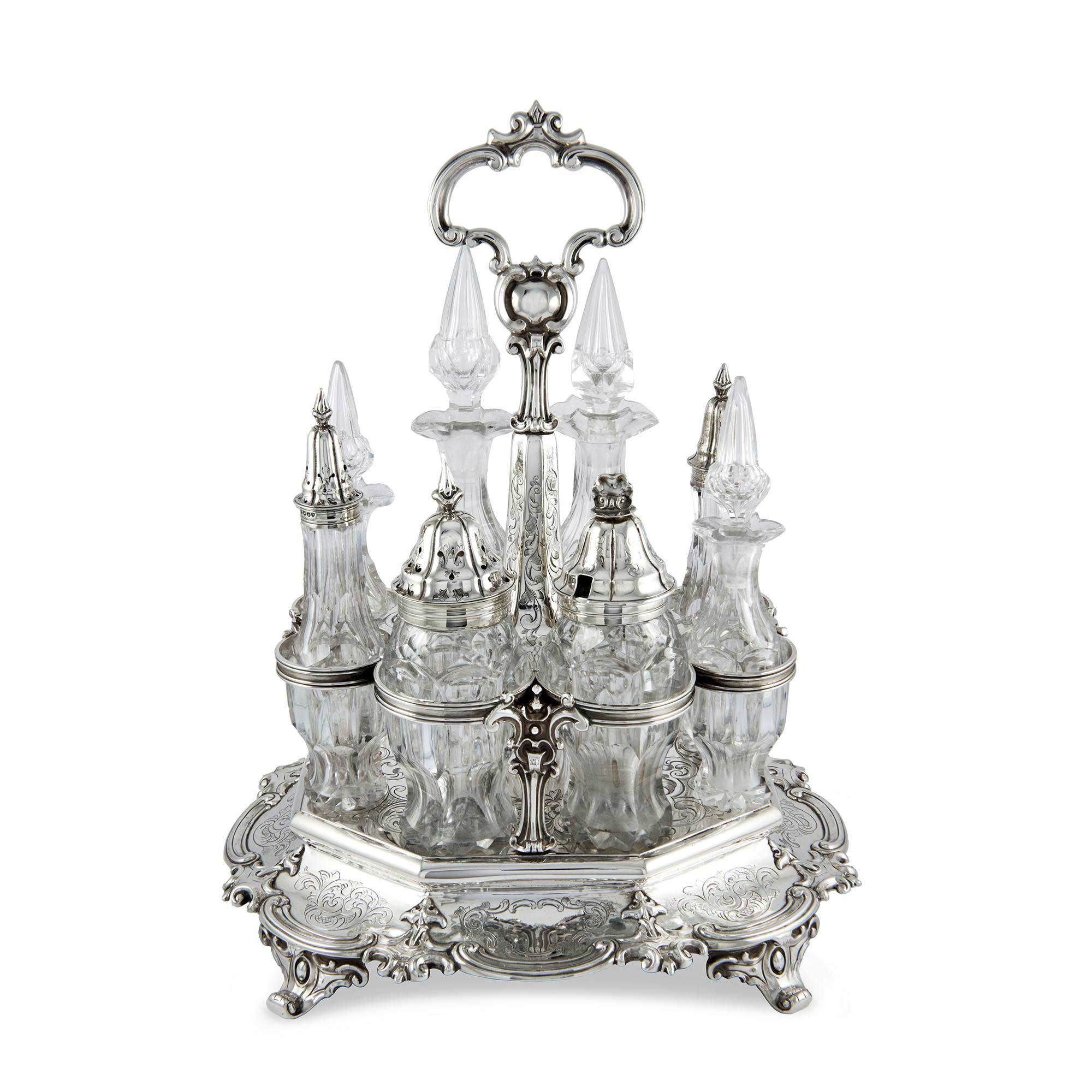 Eight Bottle Victorian Era Cruet Set with Silver Holder