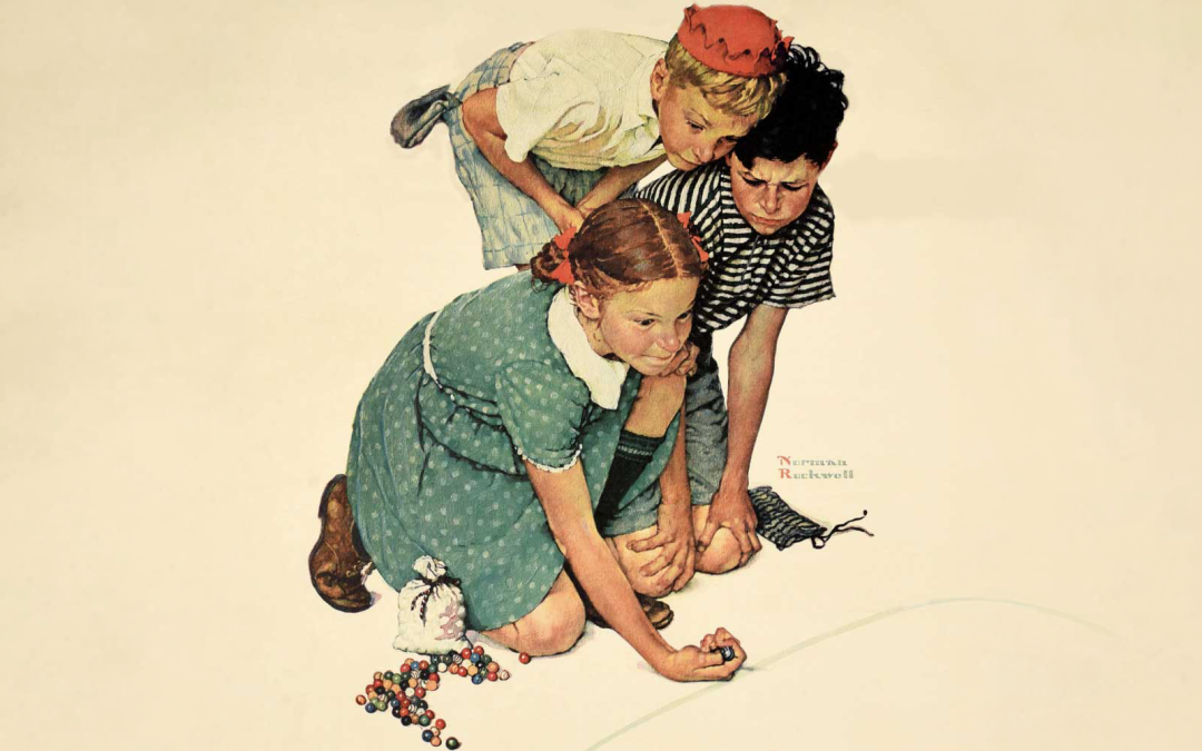 Artist Norman Rockwell’s illustration “Marble Champ” beautifully depicts the intense competition of marble play. (Image courtesy of Etsy)