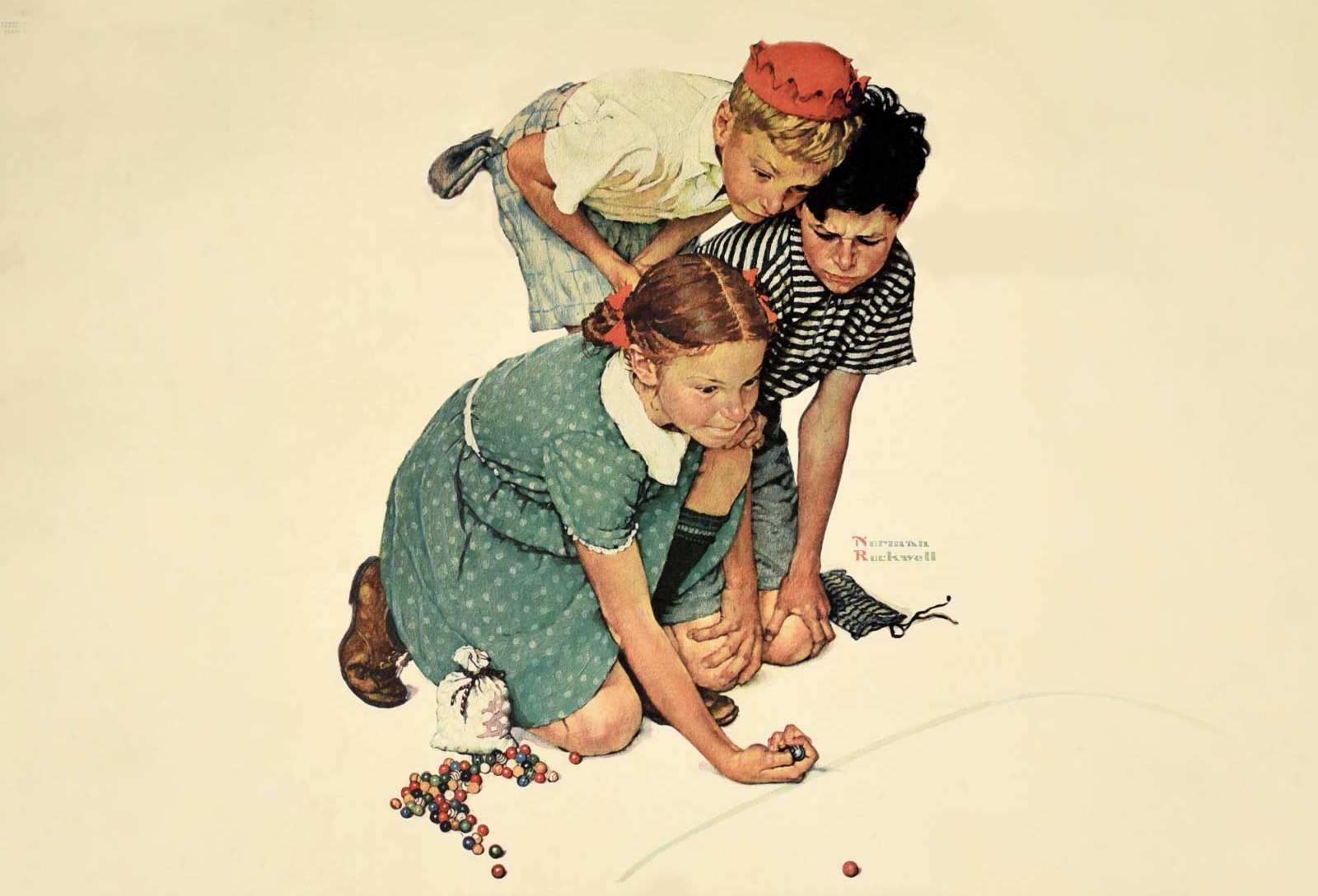 Artist Norman Rockwell’s illustration “Marble Champ” beautifully depicts the intense competition of marble play. (Image courtesy of Etsy)