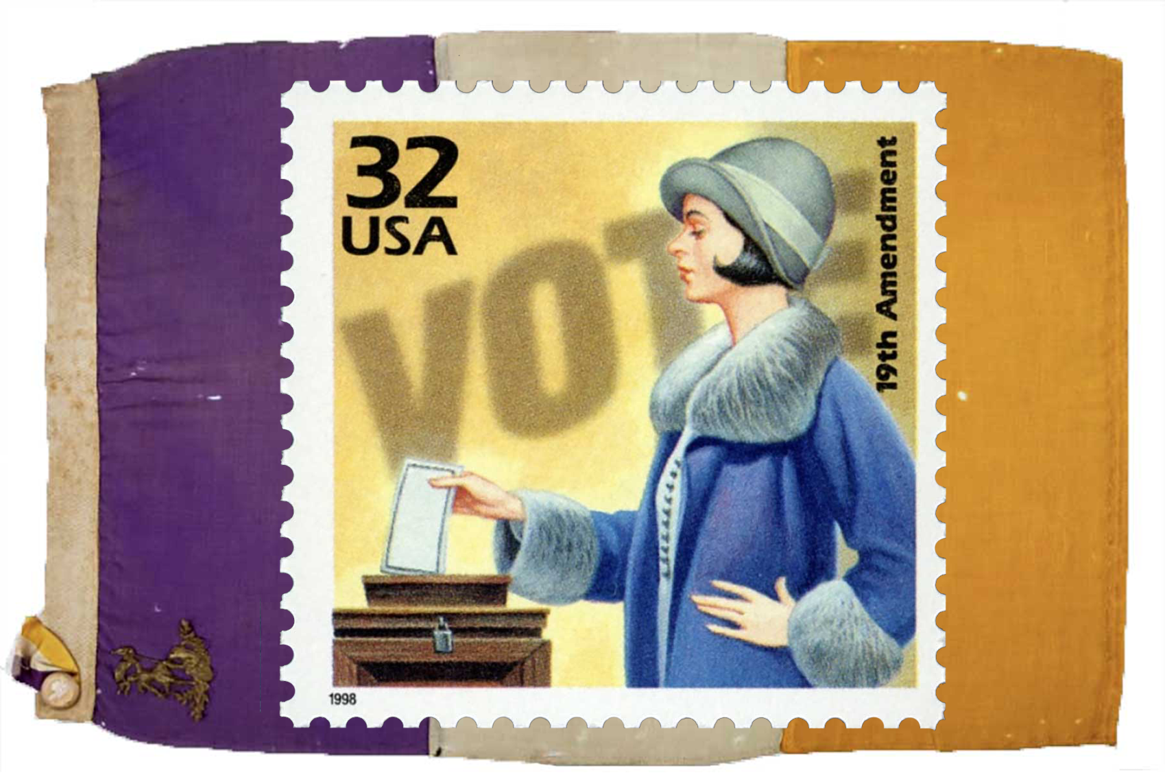 WOMENCover_Flag 1998 Womens voting rights stamp on suffrage flag